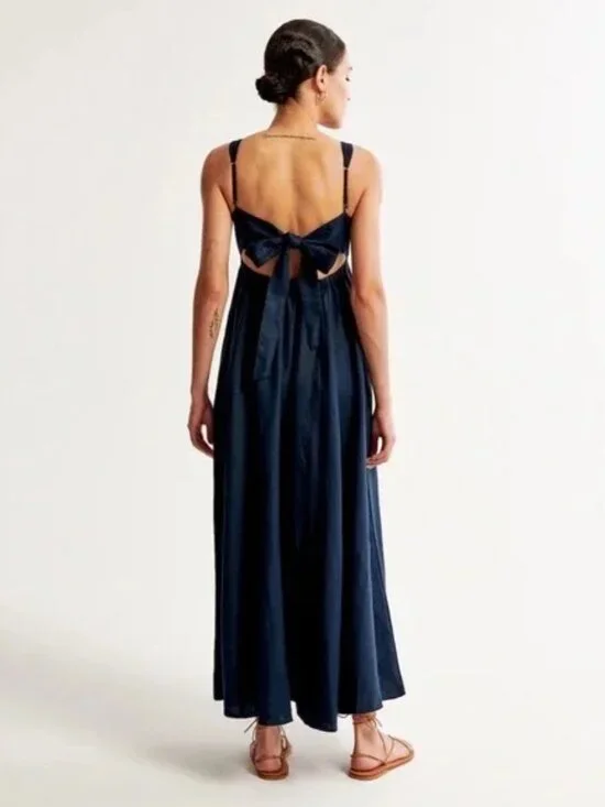 Abercrombie & Fitch Premium Linen Bow Back Maxi Dress XS PETITE - Picture 2 of 11